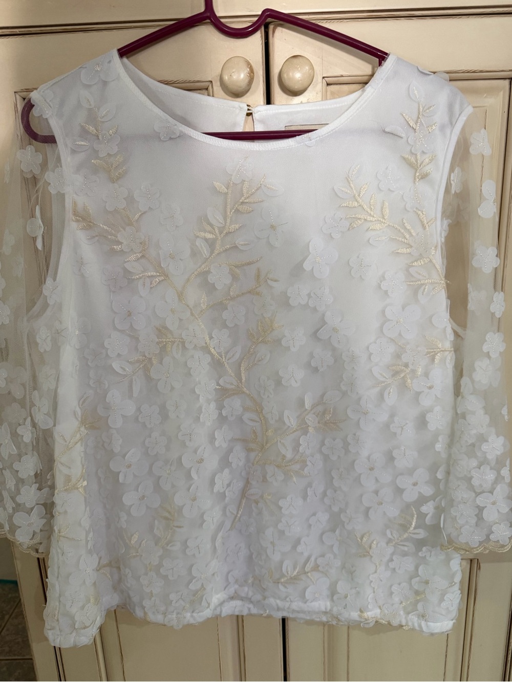 ECI White Sheer Floral Embroidered Blouse with Gold Accents